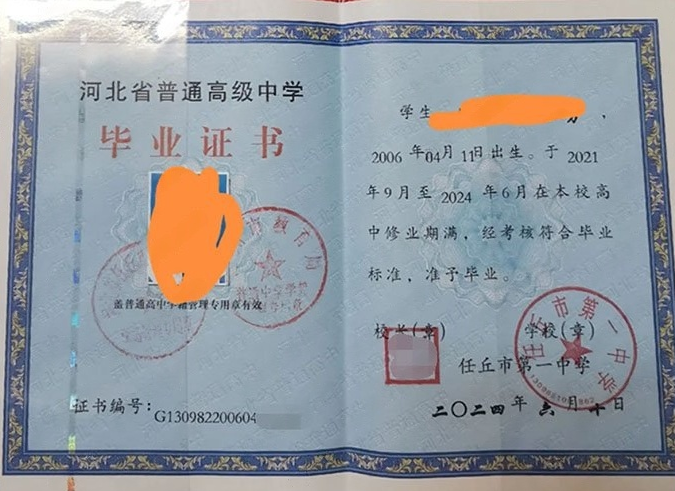 广东任丘市第一中学高中毕业证样本图片